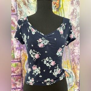 Floral V-Neck Women Top - Navy Blue